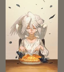 Rule 34 | 1other, androgynous, closed eyes, eating, food, fork, head wings, holding, holding fork, holding knife, knife, long sleeves, mullmull02, on chair, original, pie, pillarboxed, shirt, sitting, solo, table, twitter username, white shirt, wings
