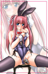 Rule 34 | 1girl, absurdres, animal ears, blush, bottle, censored, chair, eyebrows, fake animal ears, female masturbation, highres, large insertion, leotard, long hair, masturbation, object insertion, playboy bunny, pussy, pussy juice, r1, rabbit ears, solo, spread legs, thighhighs, tomoya kankurou, vaginal, vaginal object insertion, zoom layer