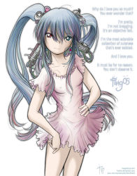 Rule 34 | android, blue hair, cable, cosplay, dress, english text, eyeshadow, fred gallagher, glados, glados (cosplay), hair bobbles, hair ornament, hand on own hip, heart, heterochromia, long hair, makeup, megatokyo, ping, portal (series), portal 1, signature, sketch, solo, twintails, watermark