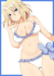 Rule 34 | 1girl, bikini, blonde hair, blue bow, blue eyes, bow, bow bikini, breasts, cleavage, closed mouth, commentary request, cowboy shot, dutch angle, frilled bikini, frills, frown, girls und panzer, glaring, gluteal fold, half-closed eyes, halterneck, hand in own hair, highres, large breasts, looking at viewer, medium hair, messy hair, navel, oshida (girls und panzer), partial commentary, solo, standing, swimsuit, thigh gap, utani (punishment), white background, white bikini