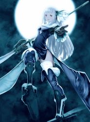 Rule 34 | 1girl, black gloves, black thighhighs, blunt bangs, boots, bravely default: flying fairy, bravely default (series), bravely second: end layer, cleavage cutout, clothing cutout, dress, flower, full moon, gloves, hair flower, hair ornament, high heel boots, high heels, highres, leg up, lips, long hair, magnolia arch, moon, naginata, night, outstretched hand, polearm, side slit, smile, solo, thigh boots, thighhighs, weapon, white hair, yellow eyes, yoshida akihiko