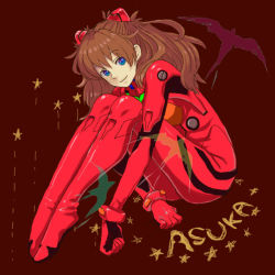 Rule 34 | 1girl, ass, bird, blue eyes, breasts, brown hair, character name, fetal position, from side, full body, hair ornament, invisible chair, knees to chest, looking at viewer, moiko, neon genesis evangelion, plugsuit, shiny clothes, shooting star, simple background, sitting, smile, solo, souryuu asuka langley, star (symbol), two side up, wide hips