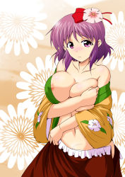Rule 34 | 1girl, areola slip, bare shoulders, blush, breast hold, breasts, cleavage, female focus, flower, hair flower, hair ornament, hieda no akyuu, japanese clothes, kimono, large breasts, navel, nipple slip, nipples, aged up, open clothes, open kimono, purple eyes, purple hair, solo, touhou, undressing, yohinori