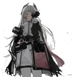 Rule 34 | 1girl, arknights, arm at side, belt, black gloves, black jacket, blood, blood on clothes, blood on face, capelet, closed mouth, cowboy shot, cup, gloves, grey eyes, grey hair, head wings, high-waist skirt, highres, holding, holding cup, irene (arknights), jacket, long hair, long sleeves, looking at viewer, one eye closed, pantyhose, purple skirt, rapier, sheath, sheathed, simple background, skirt, solo, standing, sword, weapon, white background, white capelet, white pantyhose, white skirt, wings