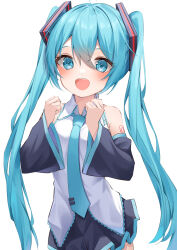 Rule 34 | 1girl, :d, absurdres, aqua eyes, aqua hair, aqua necktie, bare shoulders, black skirt, black sleeves, blush, breasts, clenched hands, collared shirt, commentary, cowboy shot, detached sleeves, double-parted bangs, hair ornament, hatsune miku, highres, long hair, looking at viewer, necktie, open mouth, pleated skirt, ryaru ryaru, shirt, shoulder tattoo, simple background, skirt, small breasts, smile, solo, tattoo, teeth, twintails, upper teeth only, very long hair, vocaloid, white background, white shirt