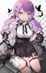 Rule 34 | 1girl, belt, bibi (tokoyami towa), black belt, black footwear, black ribbon, black skirt, blouse, blurry, blurry foreground, blush, braid, breasts, bug, butterfly, cardigan, chain-link fence, closed mouth, collared shirt, commentary, cross, cross-laced footwear, cross earrings, ear piercing, earrings, fence, french braid, frilled shirt, frills, full body, green eyes, grey cardigan, hair ornament, hairclip, heart, heart o-ring, heart tattoo, highres, hololive, index finger raised, insect, jewelry, leg tattoo, long hair, looking at viewer, medium breasts, miniskirt, multicolored hair, neck ribbon, o-ring, o-ring legwear, o-ring thigh strap, off shoulder, official alternate costume, open cardigan, open clothes, parted bangs, piercing, pink hair, pleated skirt, pointy ears, pom pom (clothes), purple hair, ribbon, shiohana, shirt, shirt tucked in, shoes, simple background, sitting, skirt, sleeveless, sleeveless shirt, smile, socks, solo, streaked hair, suspender skirt, suspenders, tattoo, thigh strap, tokoyami towa, twintails, two-tone hair, virtual youtuber, wariza, wavy hair, white background, white shirt, white socks, wing collar, x hair ornament