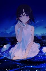 Rule 34 | 1girl, achiki, bare shoulders, between legs, black hair, blue eyes, blush, bottle, breasts, closed mouth, cloud, collarbone, commentary request, dress, eyebrows hidden by hair, hair between eyes, hand between legs, holding, holding bottle, message in a bottle, night, night sky, original, partially submerged, short hair, sitting, sky, small breasts, solo, tearing up, water, white dress