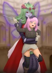 Rule 34 | 2girls, antennae, blue eyes, blush, censored, dress, extra arms, female focus, ganima, green hair, arthropod girl, insect wings, interspecies, monster girl, multiple girls, no panties, open mouth, original, pink hair, rape, red eyes, restrained, skirt, sword, thighhighs, torn clothes, weapon, wings, yuri