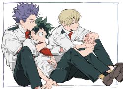 Rule 34 | 3boys, artist name, blonde hair, boku no hero academia, brown footwear, closed mouth, collared shirt, commentary, commentary request, english commentary, freckles, green eyes, green hair, green pants, grey eyes, hand on ground, holding hands, hug, looking at another, male focus, mantos no.7, midoriya izuku, mixed-language commentary, monoma neito, multiple boys, necktie, pants, parted lips, purple eyes, purple hair, red necktie, school uniform, shinsou hitoshi, shirt, shoes, short hair, short sleeves, simple background, sitting, smile, sweat, thai commentary, u.a. school uniform, watermark, white background, white shirt, yaoi