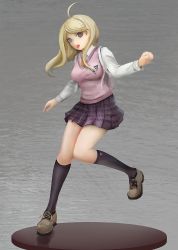 Rule 34 | 1girl, :d, ahoge, akamatsu kaede, black socks, blonde hair, blush, breasts, brown footwear, collared shirt, commentary, danganronpa (series), danganronpa v3: killing harmony, eighth note, foot up, fortissimo, full body, hair ornament, kneehighs, large breasts, long hair, long sleeves, looking at viewer, miniskirt, musical note, musical note hair ornament, necktie, open mouth, pleated skirt, purple eyes, qosic, school uniform, shirt, shoes, skirt, smile, socks, solo, standing, standing on one leg, sweater vest, white shirt