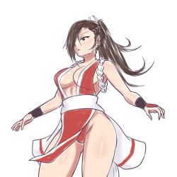 Rule 34 | 1girl, braid, breasts, brown eyes, brown hair, cleavage, cosplay, female focus, fire emblem, fire emblem fates, hayato stuff, highres, kagero (fire emblem), large breasts, long hair, matching hair/eyes, ninja, nintendo, open mouth, pelvic curtain, ponytail, shiranui mai, shiranui mai (cosplay), simple background, solo, standing, the king of fighters, trait connection, white background
