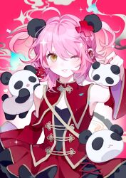 Rule 34 | 1girl, alternate costume, animal ears, blush, breasts, cleavage, cleavage cutout, clothing cutout, commentary, detached sleeves, dress, eyelashes, fake animal ears, gold, hair ornament, highres, hinamori amu, holding, looking at viewer, nanaco (nana11jellyfish), one eye closed, panda, panda ears, parted lips, pink background, pink hair, red dress, red sleeves, shugo chara!, simple background, small breasts, smile, solo, two side up, upper body, x hair ornament, yellow eyes