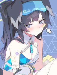 Rule 34 | 1girl, animal ears, bare shoulders, black hair, blue archive, blush, breasts, cleavage, crop top, dog ears, dog girl, dog tail, eyewear on head, gloves, goggles, goggles on head, halo, hibiki (blue archive), hibiki (cheer squad) (blue archive), highres, hiiragi akio, hologram, long hair, looking at viewer, medium breasts, millennium cheerleader outfit (blue archive), ponytail, solo, star (symbol), tail