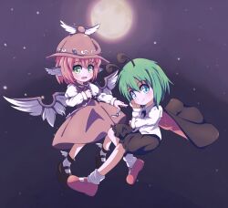 Rule 34 | 2girls, absurdres, animal ears, antennae, bird ears, bird wings, black cape, black footwear, black shorts, blush, brown dress, brown headwear, cape, closed mouth, collared shirt, commentary request, dress, feathered wings, flat chest, flying, full body, full moon, green eyes, green hair, hair between eyes, hat, highres, long sleeves, looking at viewer, mary janes, medium bangs, moon, multiple girls, mystia lorelei, open mouth, pinafore dress, pink hair, red cape, red footwear, shirt, shoes, short hair, shorts, sky, sleeveless, sleeveless dress, smile, socks, star (sky), starry sky, teeramet, touhou, two-sided cape, two-sided fabric, white shirt, white wings, winged hat, wings, wriggle nightbug
