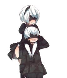 Rule 34 | 1boy, 1girl, :3, bad id, bad pixiv id, black blindfold, black gloves, black thighhighs, blindfold, buttons, carrying, commentary request, covered eyes, elbow gloves, embarrassed, feather-trimmed sleeves, gloves, leotard, leotard peek, long sleeves, nier (series), nier:automata, oh (torisanwww), open mouth, piggyback, puffy sleeves, short hair, shoulder carry, simple background, standing, sweatdrop, thighhighs, wavy mouth, white background, white gloves, white hair, white leotard, 2b (nier:automata), 9s (nier:automata)
