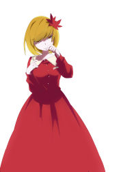 Rule 34 | 1girl, absurdres, aki shizuha, autumn leaves, biting, blonde hair, dress, hair ornament, highres, long sleeves, looking at viewer, nail biting, namauni, red dress, red eyes, shaded face, simple background, solo, touhou