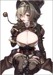 Rule 34 | 1girl, absurdres, blush, braid, breasts, brown eyes, brown hair, brown headwear, brown shirt, brown thighhighs, cleavage, corset, highres, honkai (series), honkai impact 3rd, kei (soundcross), large breasts, long sleeves, looking at viewer, medium hair, open mouth, shirt, shrug (clothing), sidelocks, smile, solo, thighhighs, vill-v