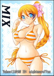 Rule 34 | 10s, 1girl, aquarion (series), aquarion evol, bikini, blue eyes, blush, bracelet, breasts, character name, glasses, jewelry, large breasts, long hair, mix (aquarion), multicolored hair, nightmare77zx, orange hair, purple hair, side-tie bikini bottom, side ponytail, smile, solo, striped bikini, striped clothes, swimsuit, two-tone hair