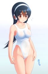 Rule 34 | 10s, 1girl, :&lt;, bare arms, bare shoulders, black hair, blue background, blush, breasts, closed eyes, collarbone, commentary request, competition swimsuit, covered navel, flying sweatdrops, gentoo penguin (kemono friends), gluteal fold, gradient background, groin, hair between eyes, headphones, highleg, highleg swimsuit, highres, kemono friends, long hair, looking away, looking down, medium breasts, multicolored hair, one-piece swimsuit, red eyes, red hair, solo, straight hair, streaked hair, swimsuit, thigh gap, third-party edit, translation request, watayoshi (suiiho), white one-piece swimsuit