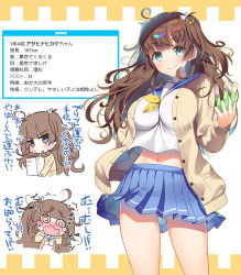 Rule 34 | 1girl, @ @, ahoge, asahina hikage, blue sailor collar, blue skirt, blush, breasts, brown cardigan, brown hair, buttons, cardigan, chibi, closed mouth, commentary request, cowboy shot, crop top, crop top overhang, frown, furrowed brow, gluteal fold, grey eyes, hand up, highres, holding, holding paper, jitome, large breasts, long hair, long sleeves, looking at viewer, midriff, miniskirt, multiple views, navel, open cardigan, open clothes, open mouth, original, paper, pleated skirt, puckered lips, ribbon, sailor collar, school uniform, serafuku, shindan maker, shirt, sidelocks, skirt, smile, standing, stomach, test tube, thighs, translation request, two side up, v-shaped eyebrows, wavy hair, wavy mouth, white shirt, yellow ribbon
