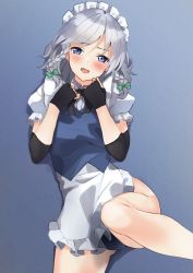 Rule 34 | 1girl, adapted costume, bare legs, black neckwear, blue eyes, blue leotard, blue vest, bow, braid, collared shirt, commission, compression sleeve, fingerless gloves, gloves, gluteal fold, green bow, hair bow, highres, izayoi sakuya, leotard, maid headdress, no legwear, pixiv commission, puffy sleeves, shirt, short hair, short sleeves, silver hair, simple background, solo, textless version, touhou, tsushi, twin braids, vest, white background, white shirt