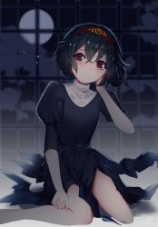 Rule 34 | 1girl, awee, bare legs, black dress, black hair, blush, commentary, doppelganger (monster girl encyclopedia), dress, frown, full moon, hair between eyes, hairband, hand on own cheek, hand on own face, highres, looking at viewer, mixed-language commentary, monster girl encyclopedia, moon, night, puffy sleeves, red eyes, red hairband, short hair, sitting, solo, tears, window