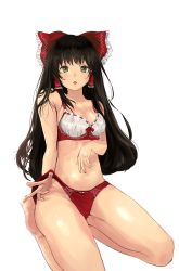 Rule 34 | 1girl, alternate eye color, alternate hair length, alternate hairstyle, bow, bra, breasts, cleavage, collarbone, feet, frilled bow, frills, grey eyes, hair bow, hair tubes, hakurei reimu, highres, hip focus, honi (honix3), lace, lace-trimmed bra, lace trim, legs, long hair, looking at viewer, multicolored bra, multicolored clothes, navel, panties, parted lips, red bra, red panties, ribbon-trimmed bra, simple background, sitting, soles, solo, teeth, thighs, toes, touhou, underwear, underwear only, very long hair, wariza, white background, white bra