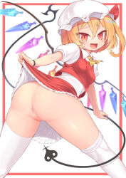 Rule 34 | 1girl, :d, absurdres, anus, ascot, ass, blonde hair, bloomers, blush, border, bottomless, bracelet, cameltoe, cleft of venus, collared shirt, crystal, fang, flandre scarlet, frilled skirt, frills, half-closed eyes, harunoha, hat, highres, jewelry, laevatein (touhou), lifted by self, light frown, looking at viewer, mob cap, no panties, one side up, open mouth, puffy short sleeves, puffy sleeves, pussy, red border, red eyes, red skirt, red vest, shirt, short hair, short sleeves, skirt, slit pupils, smile, thighhighs, touhou, underwear, variant set, vest, white background, white hat, white shirt, white thighhighs, wings, yellow ascot
