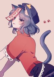 Rule 34 | 1girl, absurdres, animal ears, black skirt, blue eyes, blue hair, cabbie hat, cat ears, cat girl, cat tail, commentary request, from side, hat, hat ornament, highres, jiangshi, kemonomimi mode, looking at viewer, looking to the side, miyako yoshika, outstretched arms, purple hat, red shirt, shirt, short hair, short sleeves, skirt, solo, somei ooo, star (symbol), star hat ornament, tail, tongue, tongue out, touhou, upper body