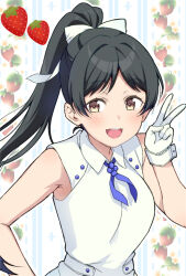 Rule 34 | 1girl, black hair, blush, bow, breasts, commentary request, cuff links, dress, food, fruit, gloves, hair behind ear, hair bow, hazuki ren, high ponytail, highres, long hair, looking at viewer, love live!, love live! superstar!!, medium breasts, open mouth, ponytail, ribbon, sleeveless, smile, solo, strawberry, teeth, upper body, v, white dress, white gloves, wish song (love live!), yamada taishi, yellow eyes