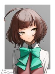 Rule 34 | 1girl, absurdres, ahoge, blouse, blue bow, blue bowtie, blunt bangs, border, bow, bowtie, brown eyes, brown hair, character name, dated, grey background, halterneck, highres, kantai collection, kishinami (kancolle), school uniform, shirt, short hair, solo, twitter username, two-tone background, umibudou, upper body, wavy hair, white border, white shirt