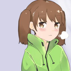 Rule 34 | 1girl, :&lt;, absurdres, blush, breath, brown eyes, brown hair, closed mouth, co botan, coat, cold, commentary request, drawstring, green coat, high collar, highres, kantai collection, light blush, long sleeves, looking at viewer, medium hair, outdoors, purple background, ryuujou (kancolle), short twintails, simple background, sketch, slit pupils, solo, twintails, upper body, winter, winter clothes, winter coat