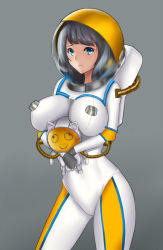Rule 34 | 1girl, :&lt;, animal ears, arched back, astronaut, bad id, bad pixiv id, between breasts, black hair, blue eyes, blush, bodysuit, breasts, cat ears, cat girl, closed mouth, cowboy shot, doll, hugging doll, embarrassed, female focus, gender request, genderswap, gloves, gluteal fold, graffiti, grey background, helmet, hose, large breasts, league of legends, legs apart, long hair, looking at viewer, nautilus (league of legends), hugging object, raised eyebrows, simple background, skin tight, solo, spacesuit, standing, vanquice