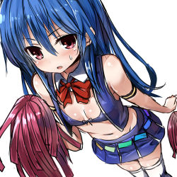 Rule 34 | 1girl, adapted costume, alternate costume, blue hair, blush, bow, bra, cheerleader, colorized, detached collar, greatmosu, highres, hinanawi tenshi, long hair, looking at viewer, midriff, navel, open mouth, pom pom (cheerleading), red eyes, simple background, sketch, skirt, sleeveless, solo, sweatdrop, thighhighs, touhou, underwear, vest, white background, white thighhighs, zettai ryouiki