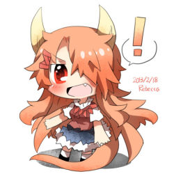 Rule 34 | 1girl, artist name, bad id, bad twitter id, blush, dated, dragon girl, hair ornament, hairclip, horns, long hair, lowres, open mouth, orange hair, original, rebecca (keinelove), red eyes, shiranui reika, smile, tail, wings
