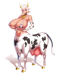Rule 34 | 1girl, absurdres, animal print, areola slip, bare shoulders, bell, bikini, black collar, blue eyeliner, breasts, centauroid, cleavage, collar, collarbone, commentary request, covered erect nipples, cow print, cow print bikini, cow tail, dark-skinned female, dark skin, elbow gloves, eye of horus, eyeliner, full body, gloves, hands on own hips, hatch (hatch24601), hathor (last origin), highres, hooves, horns, huge breasts, last origin, looking at viewer, makeup, monster girl, monsterification, navel, neck bell, parted lips, pointy ears, print bikini, purple eyes, shadow, short hair, sidelocks, simple background, smile, solo, standing, stomach, swimsuit, tail, taur, transparent background, udder, white background, white bikini, white gloves, white hair