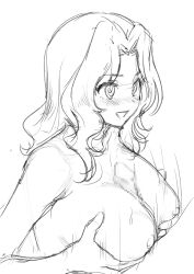 Rule 34 | 1boy, 1girl, bad id, bad twitter id, breasts, censored, girls und panzer, hetero, highres, huge breasts, kay (girls und panzer), kuppipi ramutarou, long hair, monochrome, nipples, nude, open mouth, paizuri, penis, sketch, unfinished