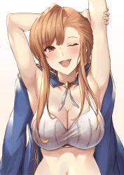 Rule 34 | 1girl, arm behind head, armpits, arms up, bare shoulders, blush, breasts, brown eyes, cleavage, collarbone, granblue fantasy, haido (ryuuno kanzume), highres, large breasts, long hair, looking at viewer, navel, one eye closed, open mouth, orange hair, sidelocks, simple background, smile, solo, tweyen (granblue fantasy), white background
