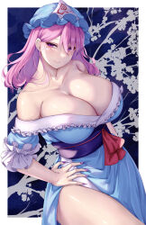 Rule 34 | 1girl, absurdres, bare shoulders, blue dress, blue kimono, breasts, dress, frilled kimono, frills, hand on own hip, hat, highres, japanese clothes, kimono, large breasts, medium breasts, mirufui, mob cap, pink hair, pink nails, saigyouji yuyuko, sleeveless, sleeveless dress, smile, solo, thighs, touhou, triangular headpiece