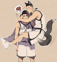 Rule 34 | 2boys, animal ears, basketball jersey, basketball uniform, black eyes, black hair, buzz cut, carrying, carrying person, carrying under arm, cat boy, cat ears, cat tail, clinging, closed eyes, couple, cowboy shot, fukatsu kazunari, full body, head kiss, heart, hug, kemonomimi mode, leash, lifting person, looking to the side, male focus, multiple boys, one armed carry, qjzad3, sawakita eiji, shirt tucked in, short hair, shorts, slam dunk (series), sportswear, tail, tail wagging, tank top, thought bubble, toned, toned male, translation request, undercut, very short hair, white footwear, white shorts, white tank top, yaoi, yellow background