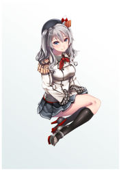 Rule 34 | 10s, 1girl, beret, black socks, blue eyes, blush, breasts, buttons, double-breasted, epaulettes, gloves, hat, hiememiko, highres, kantai collection, kashima (kancolle), kneehighs, looking at viewer, silver hair, skirt, smile, socks, solo, twintails, white gloves