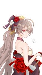 Rule 34 | 1girl, ahoge, artist name, azur lane, back, backless outfit, bare shoulders, black choker, black kimono, bow, breasts, brown hair, choker, closed mouth, cup, dated, flower, from side, hair between eyes, hair bow, hair flower, hair ornament, hair ribbon, high ponytail, highres, holding, japanese clothes, jean bart (azur lane), jean bart (first snow upon the cutlass&#039;s edge) (azur lane), katana, kimono, ll2, long hair, looking at viewer, looking back, looking to the side, medium breasts, obi, off shoulder, official alternate costume, open clothes, open kimono, ponytail, red eyes, red flower, red rose, ribbon, rose, sash, sheath, sheathed, shoulder blades, sideboob, sidelocks, sideways glance, signature, simple background, solo, sword, upper body, very long hair, weapon, white background, white flower