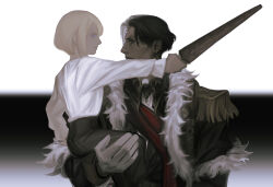 Rule 34 | 2boys, :|, aged down, black background, black coat, black hair, black pants, blonde hair, blue eyes, carrying, child, child carry, closed mouth, coat, commentary, earrings, emet-selch, english commentary, epaulettes, eye contact, final fantasy, final fantasy xiv, fringe trim, frown, fur-trimmed coat, fur trim, garlean, gloves, grandfather and grandson, holding, holding sword, holding weapon, jewelry, long sleeves, looking at another, male focus, multicolored hair, multiple boys, outstretched arm, pants, profile, red sash, sash, shawnstaw, shirt, shirt tucked in, short hair, simple background, sitting, sitting on arm, sword, third eye, two-tone background, two-tone hair, upper body, weapon, white background, white gloves, white hair, white shirt, yellow eyes, zenos yae galvus