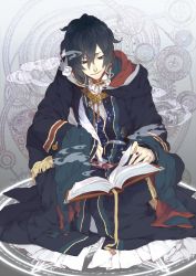 Rule 34 | 1boy, black hair, book, cape, feathers, fringe trim, jewelry, magic circle, male focus, open book, original, pengruoxi, quill, reading, ring, smoke, solo