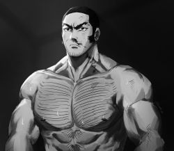 Rule 34 | 1boy, bara, black eyes, black hair, blood, chest hair, facial hair, golden kamuy, greyscale, hairy, highres, large pectorals, long sideburns, male focus, manly, monochrome, muscular, navel hair, nipples, nosebleed, nude, pectorals, sendo k, short hair, sideburns, solo, stubble, tanigaki genjirou, thick eyebrows, upper body