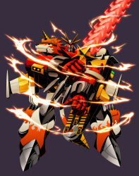 Rule 34 | 1boy, android, aura, bandai, digimon, digimon (creature), digimon jintrix, energy sword, full body, glowing, glowing eyes, glowing sword, glowing weapon, highres, holding, holding sword, holding weapon, looking at viewer, mecha, no humans, official art, red eyes, robot, shoutmon x5, simple background, solo, standing, sword, weapon