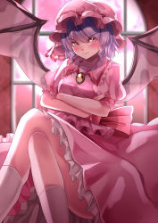 Rule 34 | 1girl, absurdres, back bow, bat wings, bow, breasts, brooch, closed mouth, collared shirt, crossed arms, crossed legs, dress, feet out of frame, frilled shirt collar, frilled sleeves, frills, hat, hat ribbon, highres, indoors, jewelry, light purple hair, mahoro (minase mahoro), mob cap, moon, pink dress, pink hat, pink moon, pink skirt, pink theme, puffy short sleeves, puffy sleeves, red bow, red eyes, red ribbon, remilia scarlet, ribbon, sash, shirt, short sleeves, sitting, skirt, small breasts, smile, socks, touhou, v-shaped eyebrows, white socks, window, wings, yellow brooch