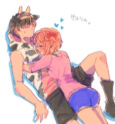 Rule 34 | 1boy, 1girl, :/, :d, ^ ^, alternate costume, animal ears, animal print, black footwear, black shorts, blue shorts, blush, boots, bow, brown hair, cat ears, closed eyes, commentary, covered eyes, cow horns, cow print, doki doki literature club, fake animal ears, fake horns, hair bow, hair over eyes, happy, heart, hetero, hood, hoodie, horns, hug, lying, lying on person, on back, open mouth, pink hair, pink shirt, print hoodie, protagonist (doki doki literature club), red bow, sayori (doki doki literature club), shirt, short hair, short shorts, shorts, simple background, sketch, smile, sora (efr), translated, white background