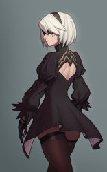 Rule 34 | 1girl, absurdres, back cutout, black blindfold, black dress, black gloves, black hairband, black thighhighs, blindfold, boots, clothing cutout, covered eyes, dress, feather-trimmed sleeves, fellming, gloves, grey hair, hairband, highres, juliet sleeves, long sleeves, mole, mole under mouth, nier (series), nier:automata, no bra, nose, puffy sleeves, short hair, solo, thick thighs, thigh boots, thighhighs, thighhighs under boots, thighs, walking away, 2b (nier:automata)