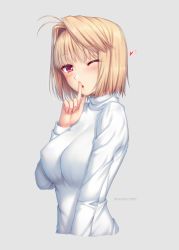 Rule 34 | 1girl, antenna hair, arcueid brunestud, blush, breasts, brown eyes, commentary request, dated, grey background, hair intakes, heart, large breasts, long sleeves, looking at viewer, miyai sen, one eye closed, short hair, simple background, solo, sweater, tsukihime, type-moon, upper body, white sweater